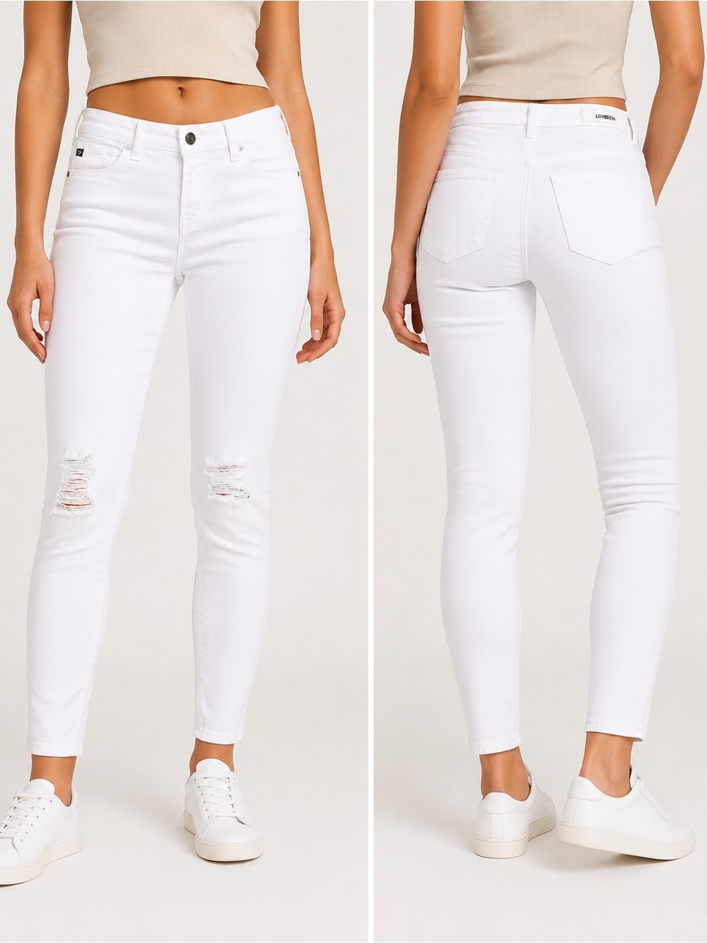 High-Rise White Skinny Jeans with Knee Distress - Women